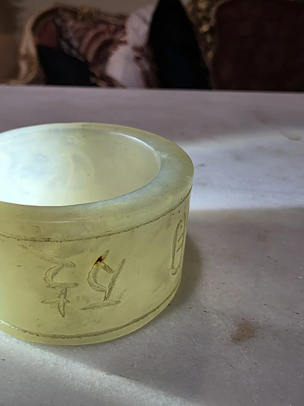 Chinese Nephrite Jade Cylinder Inscribed Character Ornament w/ Wood Stand 55g